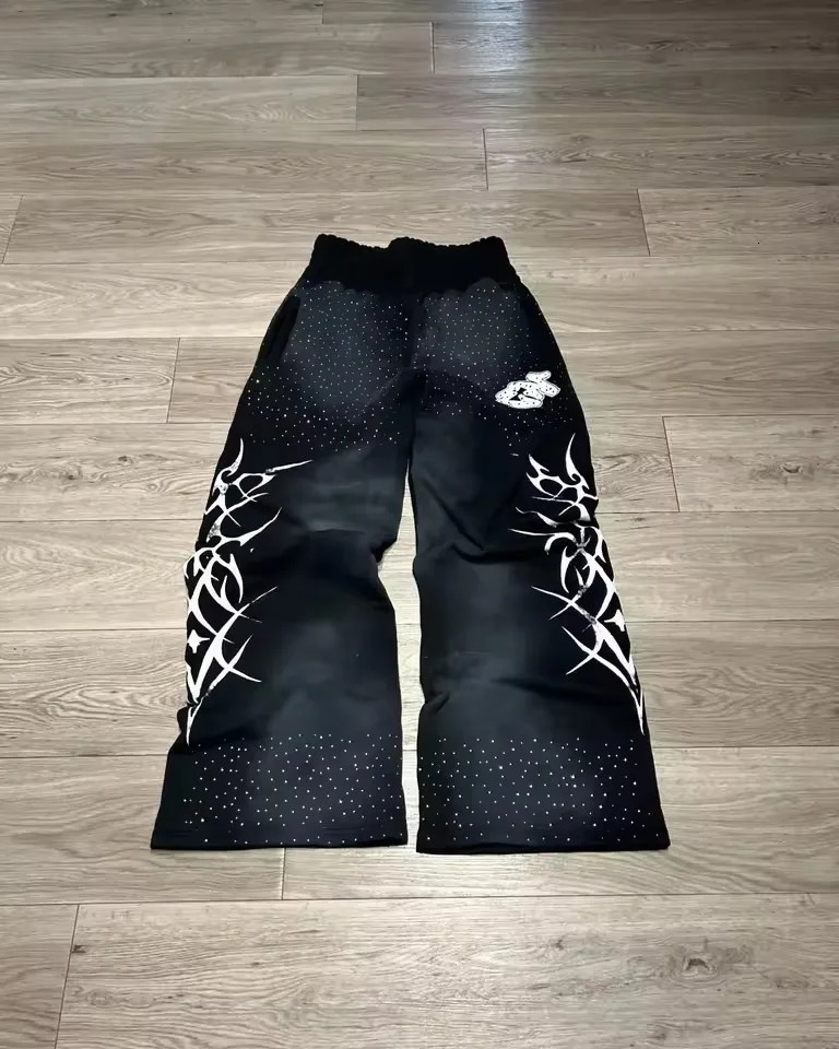 American Retro Sequined Rhinestone Sweatpants Y2K Clothes Mens Hip Hop Pattern Washed Baggy Pants Drawstring Jogging Trousers 251217