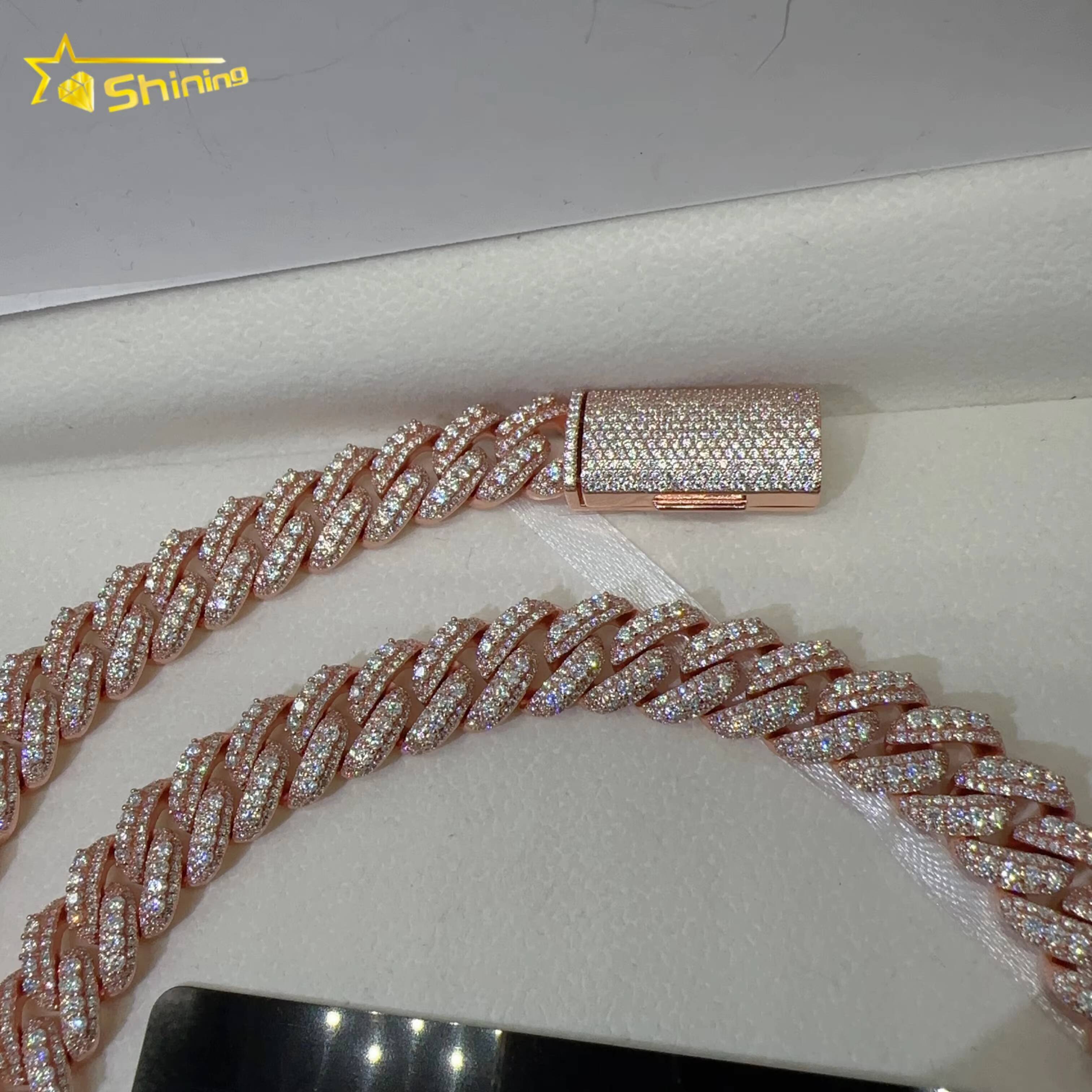 Hip Hop Jewelry 13MM Iced Out Cuban Necklace 925 Silver Rose Gold Plated VVS D Color Infinity Link Moissanie Cuban Link Chain