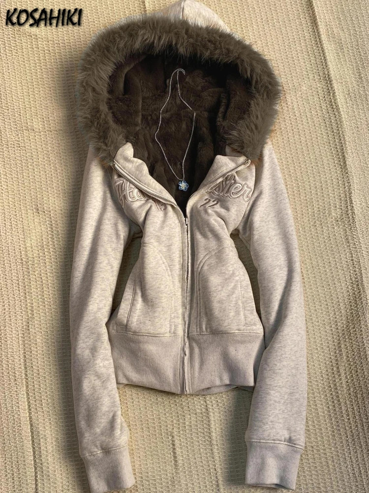 Y2k Aesthetic Vintage Fur Patchwork Hoodies Autumn Grunge Letter Embroidery Hoody Streetwear Cropped Zipper Sweatshirt Jackets 251212