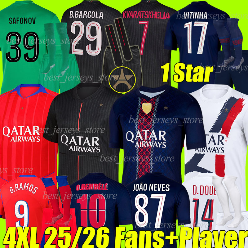 4XL 2025/26 VITINHA SAFONOV soccer jerseys O.DEMBELE BARCOLA G.RAMOS JOAO NEVES D.DOUE KVARATSKHELIA FABIAN MAYULU MENDES PACHO football shirt men kids kits sock sets