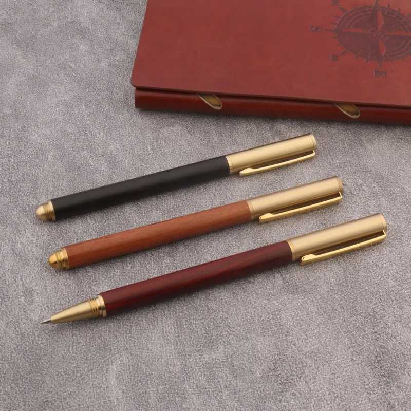 High Quality Brass Roller Ball Pen Ebony Wood Spin Stationery Off School Supplies Signature Ink Pens New Y251218