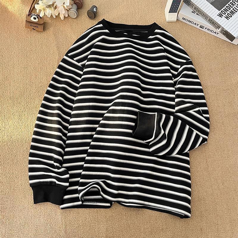 Casual Men Long Sleeved T Shirts Mens Round Neck T Shirt Spring Autumn Male Loose Striped Tees Shirt Tops 201116