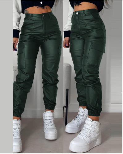 2024 Spring Summer Womens Fashion Motorcycle Zipper Ruched Pocket Sexy PU Casual Patch Pocket Slim Fit Long Pants 240910