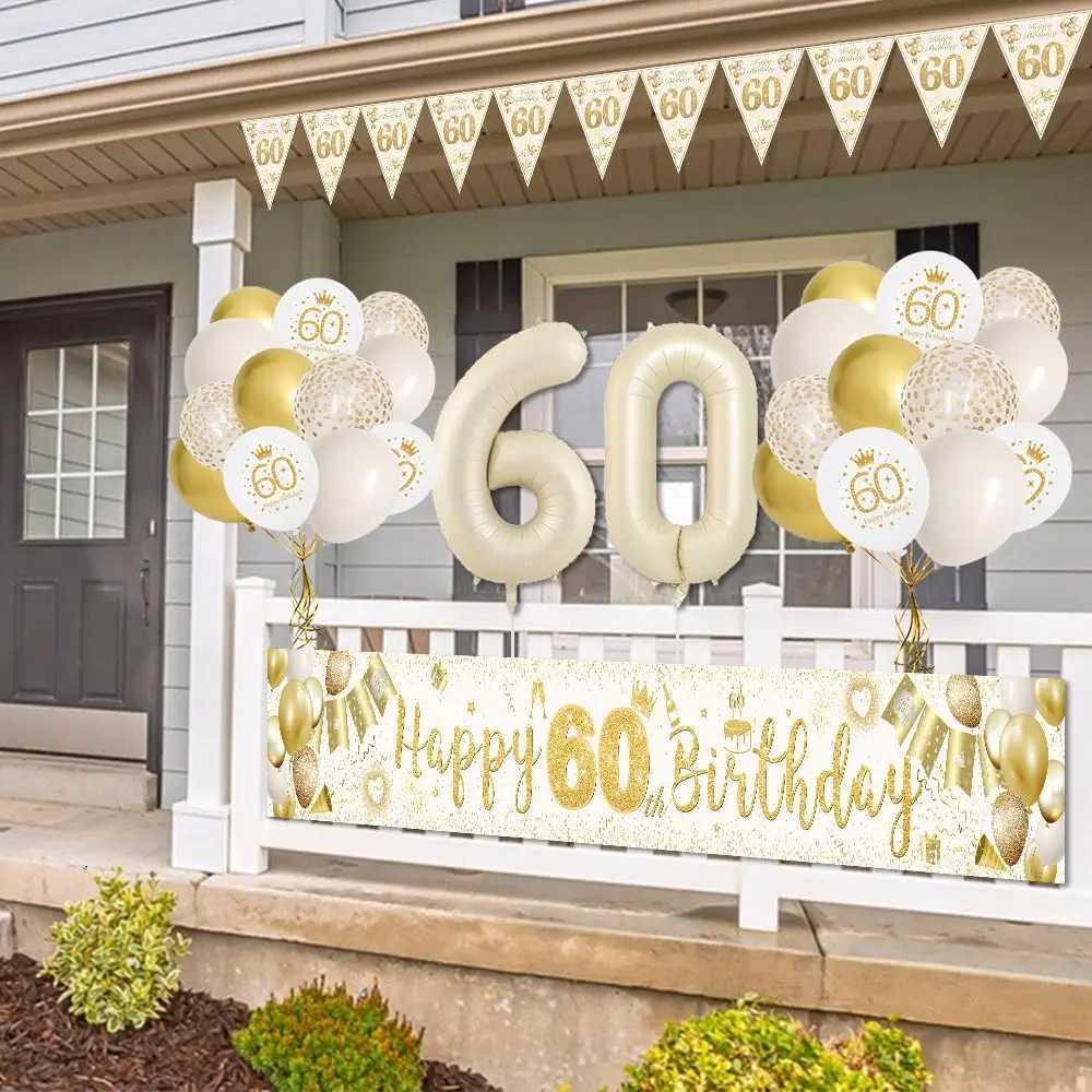 60th Birthday Decorations for Women Men 60th Birthday Decoration Kit with Sand White Gold Happy 60th Birthday Banner White Gold X251218 - view 7