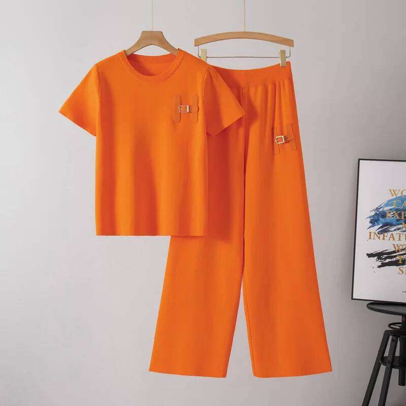 Lazy Fashion Suit Summer New Style Women's Short Sleeved Casual Sports Wide Leg Long Pants Two-Piece Set Trendy Pant Sets