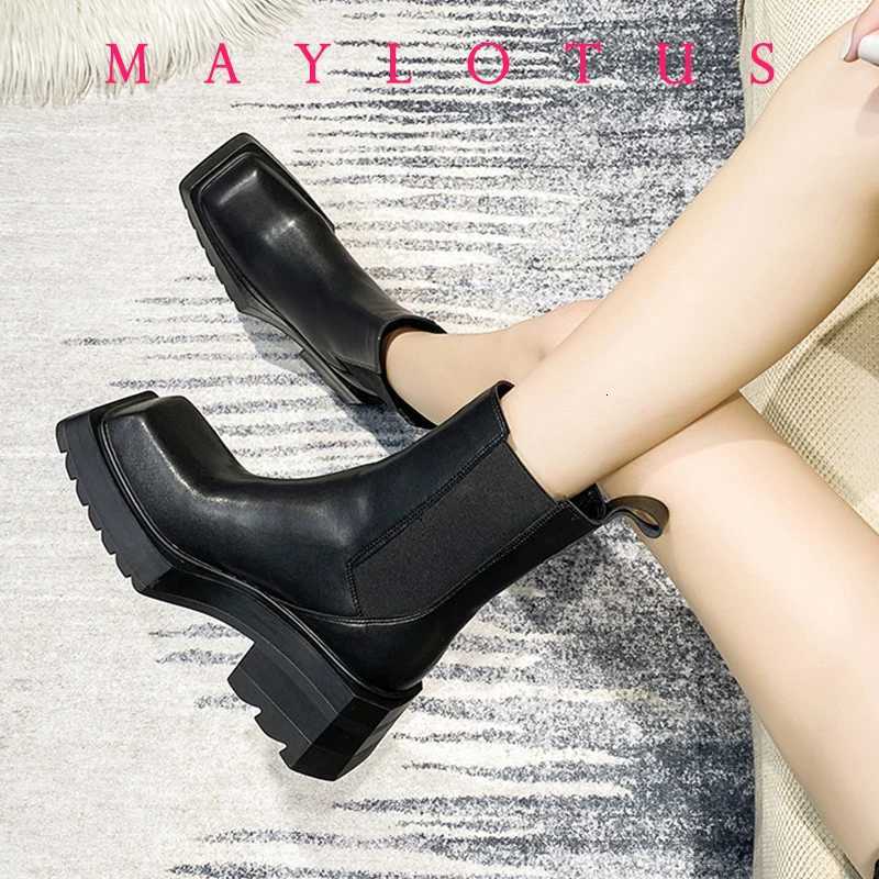 Chelsea Boots Women Cow Leather Square Toe Fashion Slip On Thick Block Heel Ladies Flat Shoes Winter Ankle Boots H260526