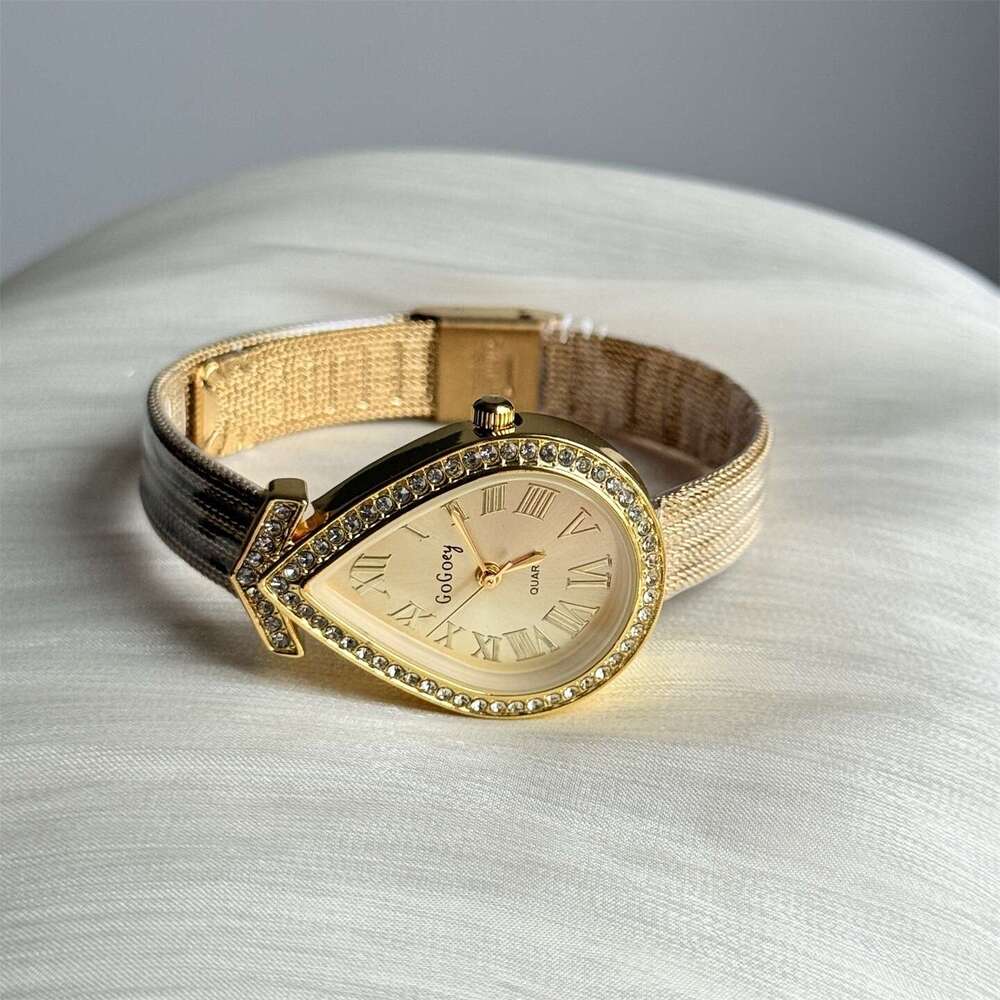 watch Niche Vintage Gold Plated Diamond Studded Fashion Light Luxury Women's Quartz Watch Roman Numerals Water Drop Shape Wristwatch