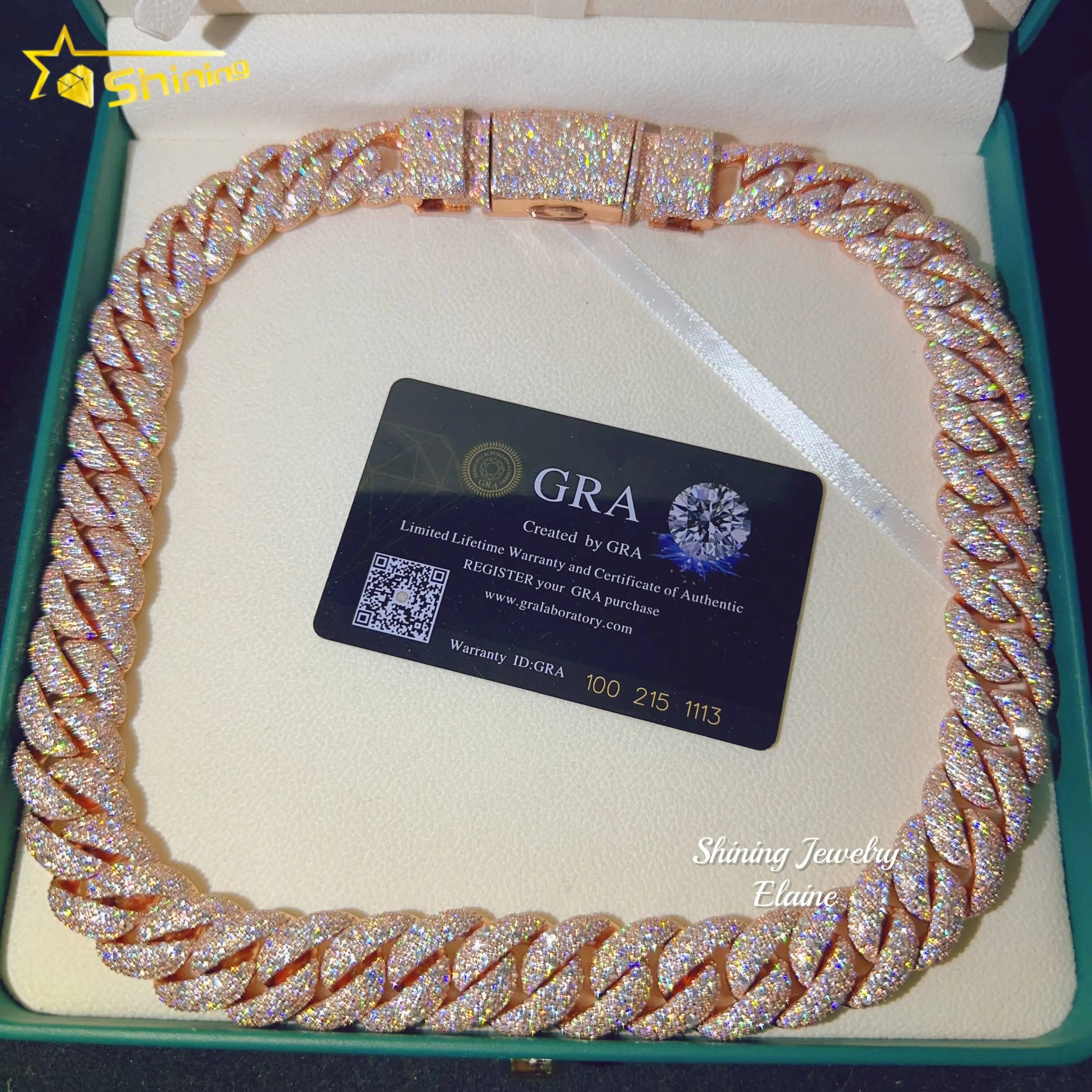 Pass Diamond Tester Vvs Moissanite Diamond 18MM Chain 925 Sterling Silver Iced Out Rose Gold Plated Cuban Link Chain