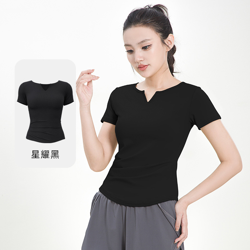 Women's V-Neck Short-Sleeve Ruched Gym T-Shirt - Buttery Soft, Slim-Fit, Quick-Drying & Versatile Athletic Top for Running & Yoga