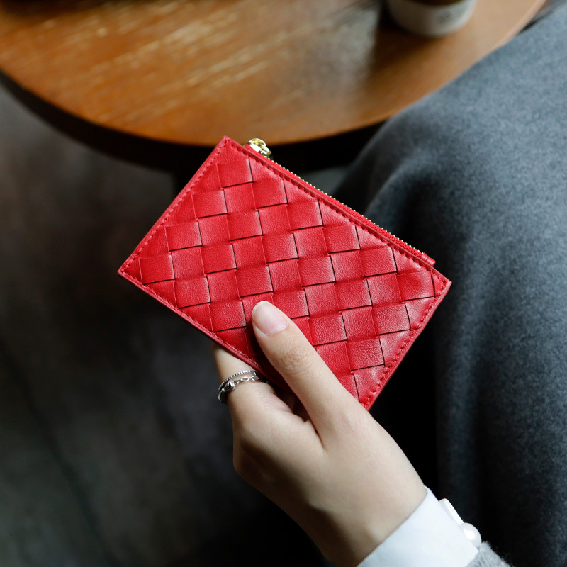 2025 style handmade sheepskin woven checkered card holder for women thin genuine leather coin purse integrated bag