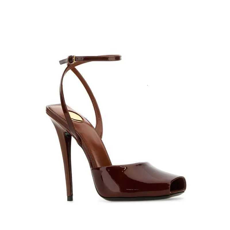 2025 New Square Toe Small Fish Mouth Straight Buckle with Slim High-heeled Fashion Patent Leather Sandals with Straps for Women Z251218