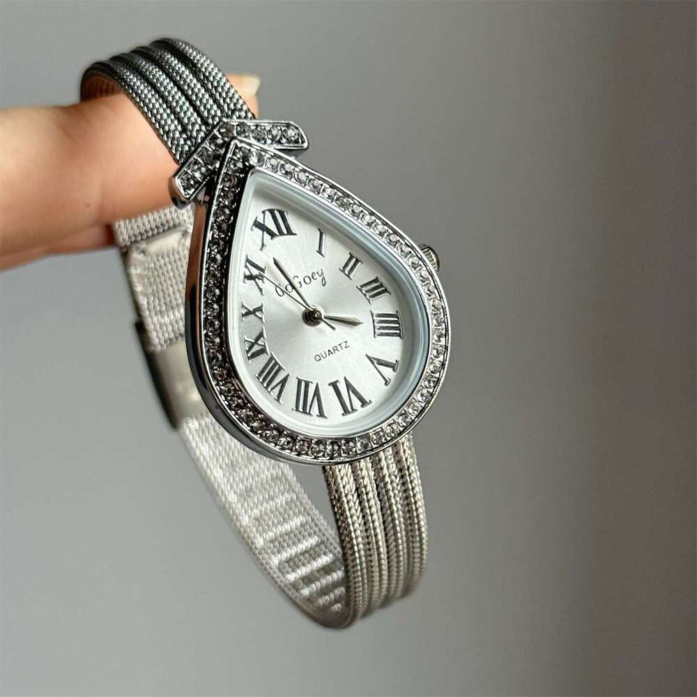 watch Niche Vintage Gold Plated Diamond Studded Fashion Light Luxury Women's Quartz Watch Roman Numerals Water Drop Shape Wristwatch