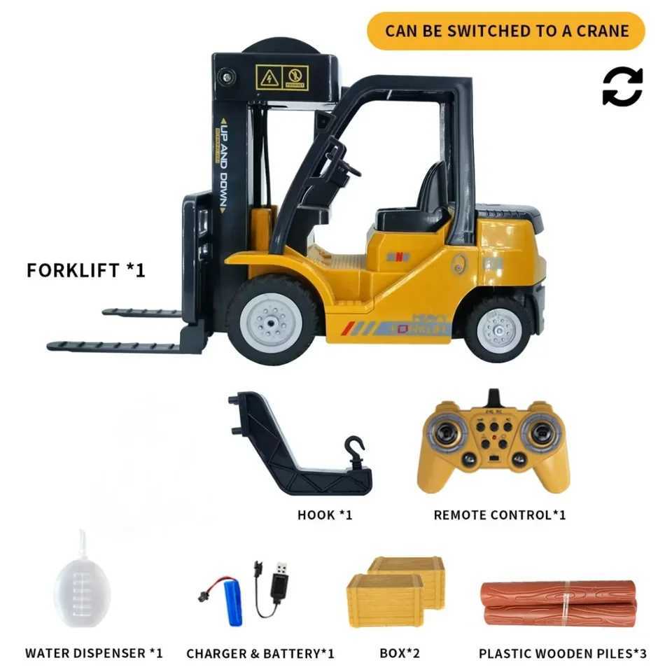 11Ch Rc Car Spray Remote Control Forklift with Light Music 1/24 Heavy Industry Trailer Simulated Model Toys Children Kids Gift G251218