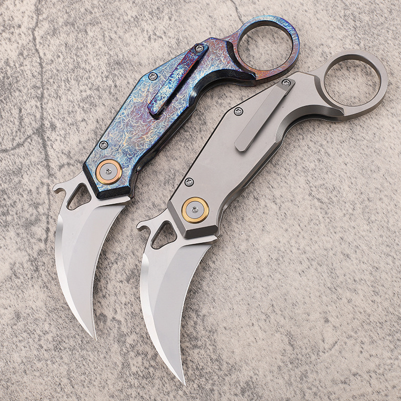 High End Karambit Folding Knife 14C28N Stone Wash Blade TC4 Titanium Alloy Handle Ball Bearing EDC Survival Tactical Claw Knives