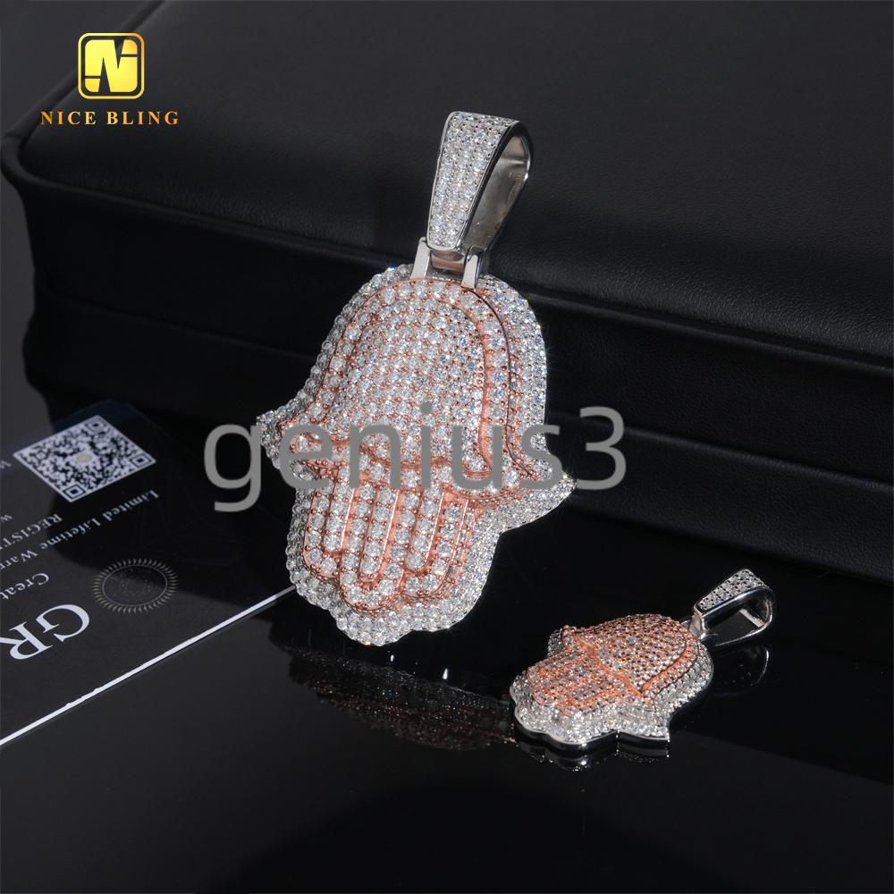 Iced Out Hip Hop Rapper Jewelry Pendant Custom Diamond Two Tone White Rose Gold 925 Silver VVS Moissanite Hamsa Pendant Necklace