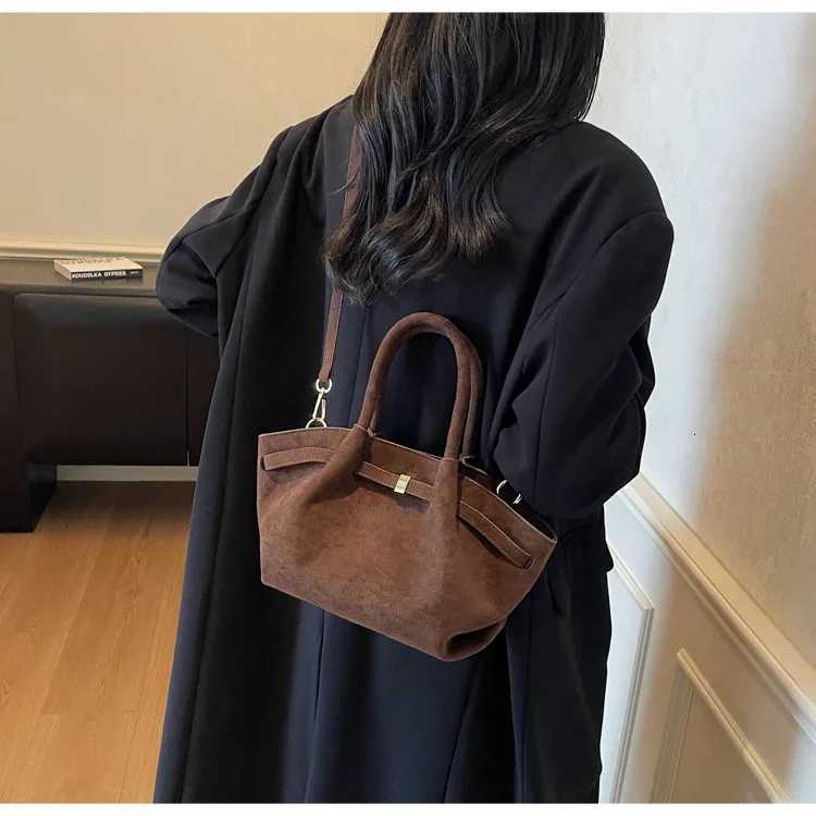 Matte Leather Suede Tote Handbags for Women Large Capacity Retro Shoulder Bag Fall Winter Belt Design Female Crossbody BagsT251218