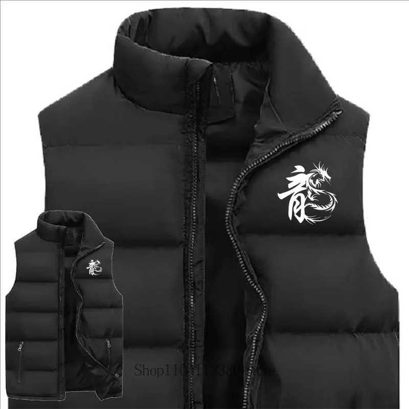 Autumn Winter Men Jacket Vest Fashion Casual Men Dragon Printed Warm Mandarin Collar Sleeveless Zipper Jacket Vest CoatG251218