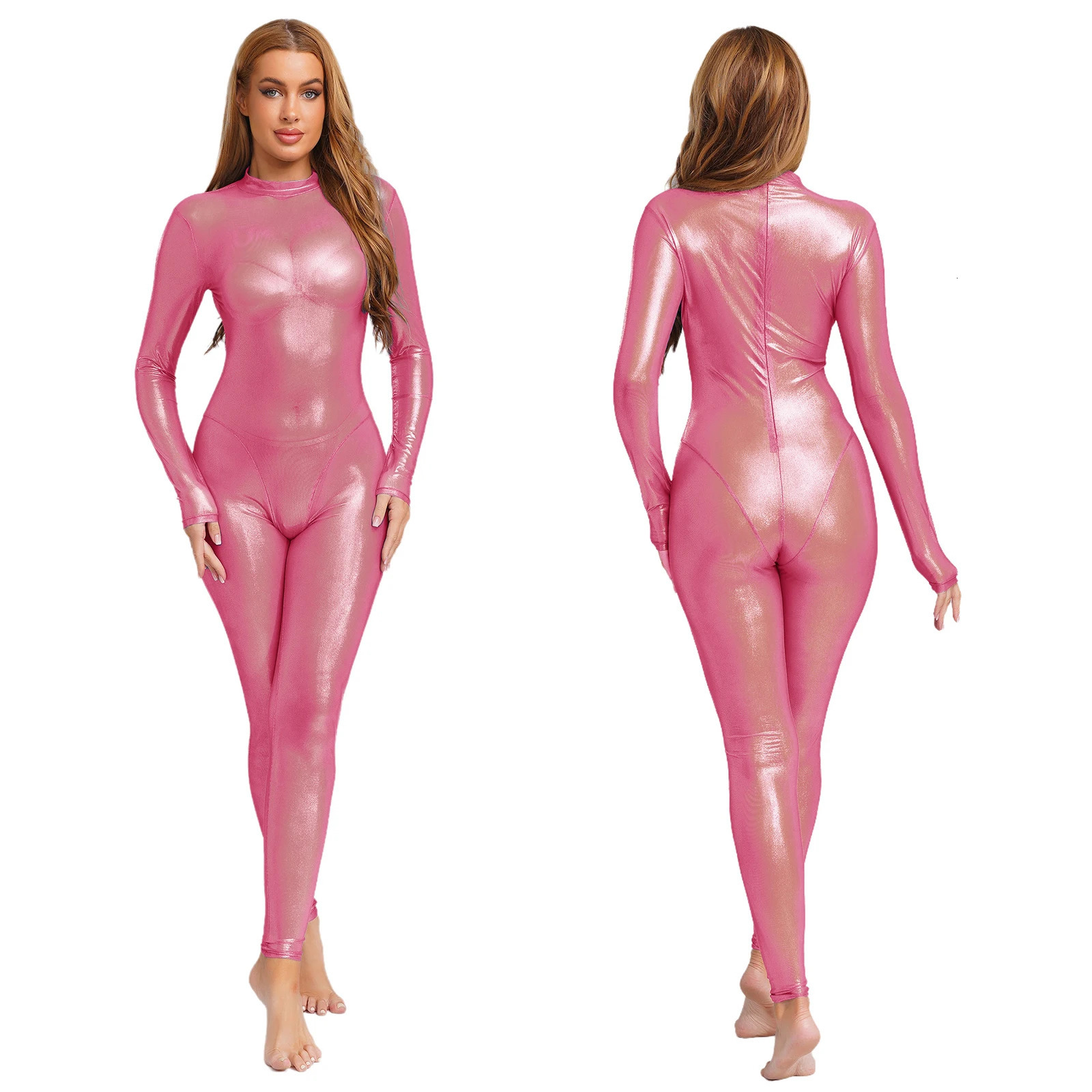 Women Metallic Shiny Full Body Unitards Sheer Rave Party Nightclub Jumpsuit Long Sleeve Pants Back Zipper Catsuit Clubwear 251217