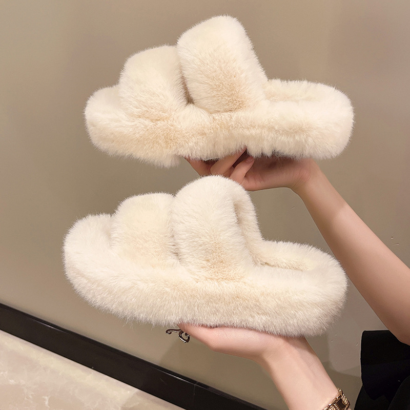 Thick soled plush shoes for daily home wear warm candy color Double Striped One-Row Fish Mouth Shoes
