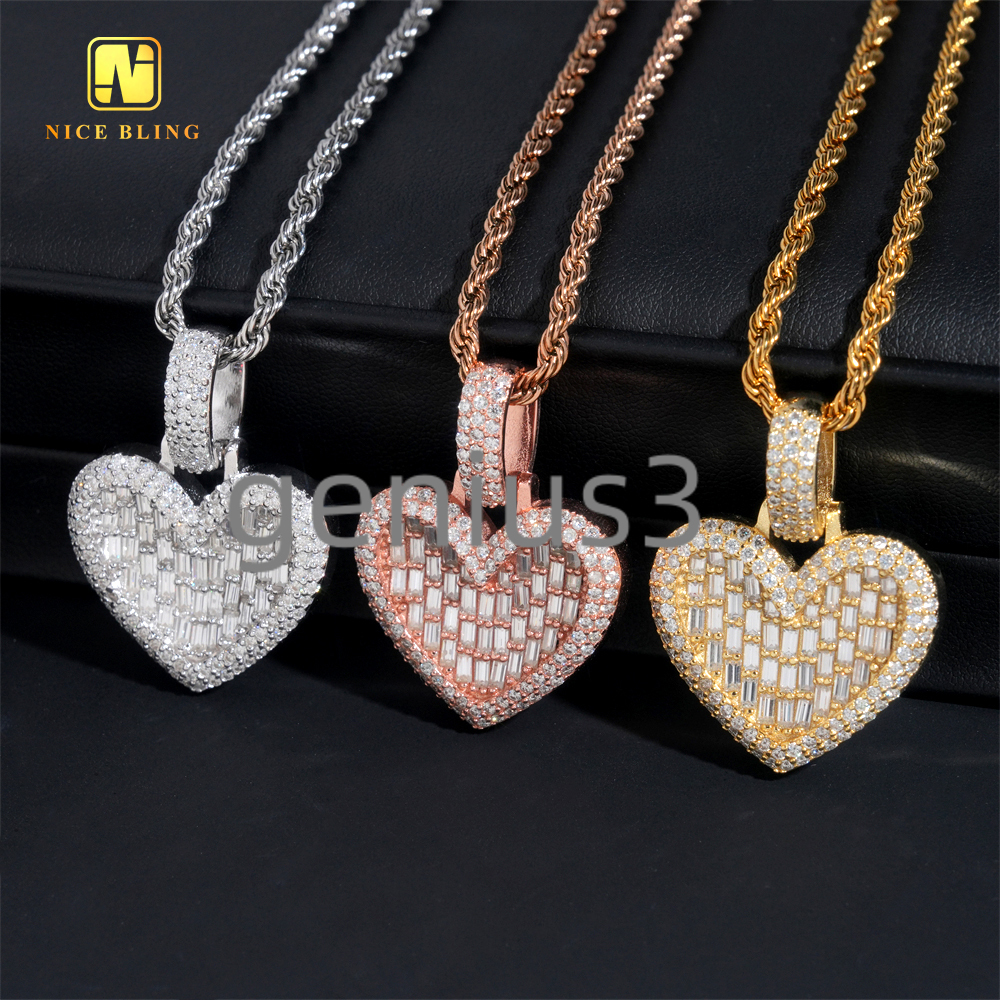 Ready to Ship Valentines Day Gift Heart Pendant Moissanite Pendant Baguette Pass Diamond Tester Hip Hop Iced Out Pendant