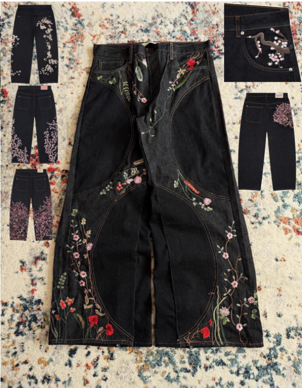 Pantalones pierna ancha bordados para hombre, Vaqueros Vintage cintura baja, Hip Hop, flor de cerezo, ropa Y2K, holgados