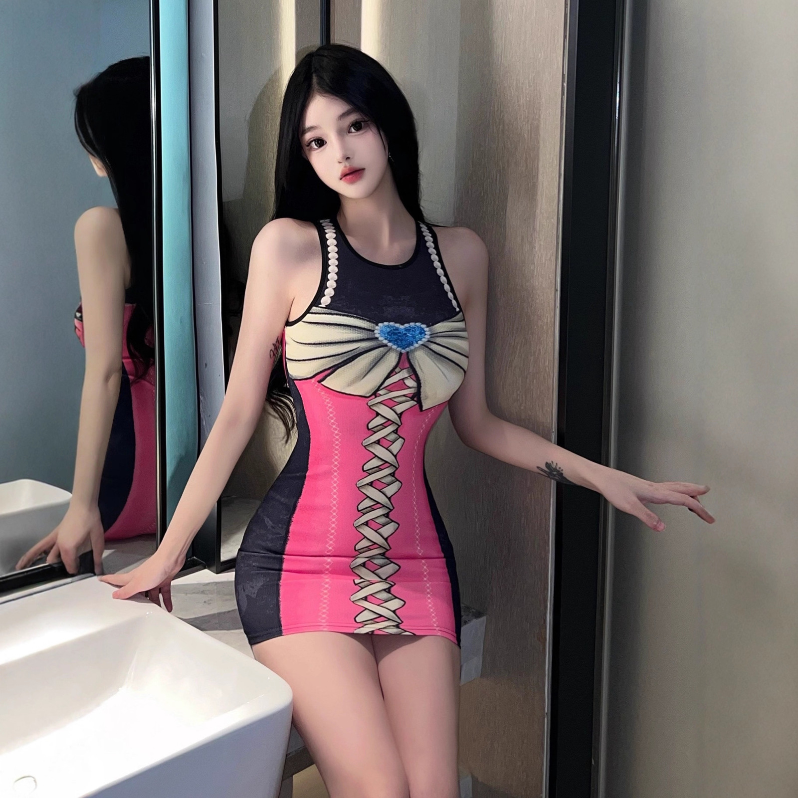 PREPOMP Spring Summer Arrival Short Sleeve Pearls Bow Print Distressed Long Dress Women GP331 240819