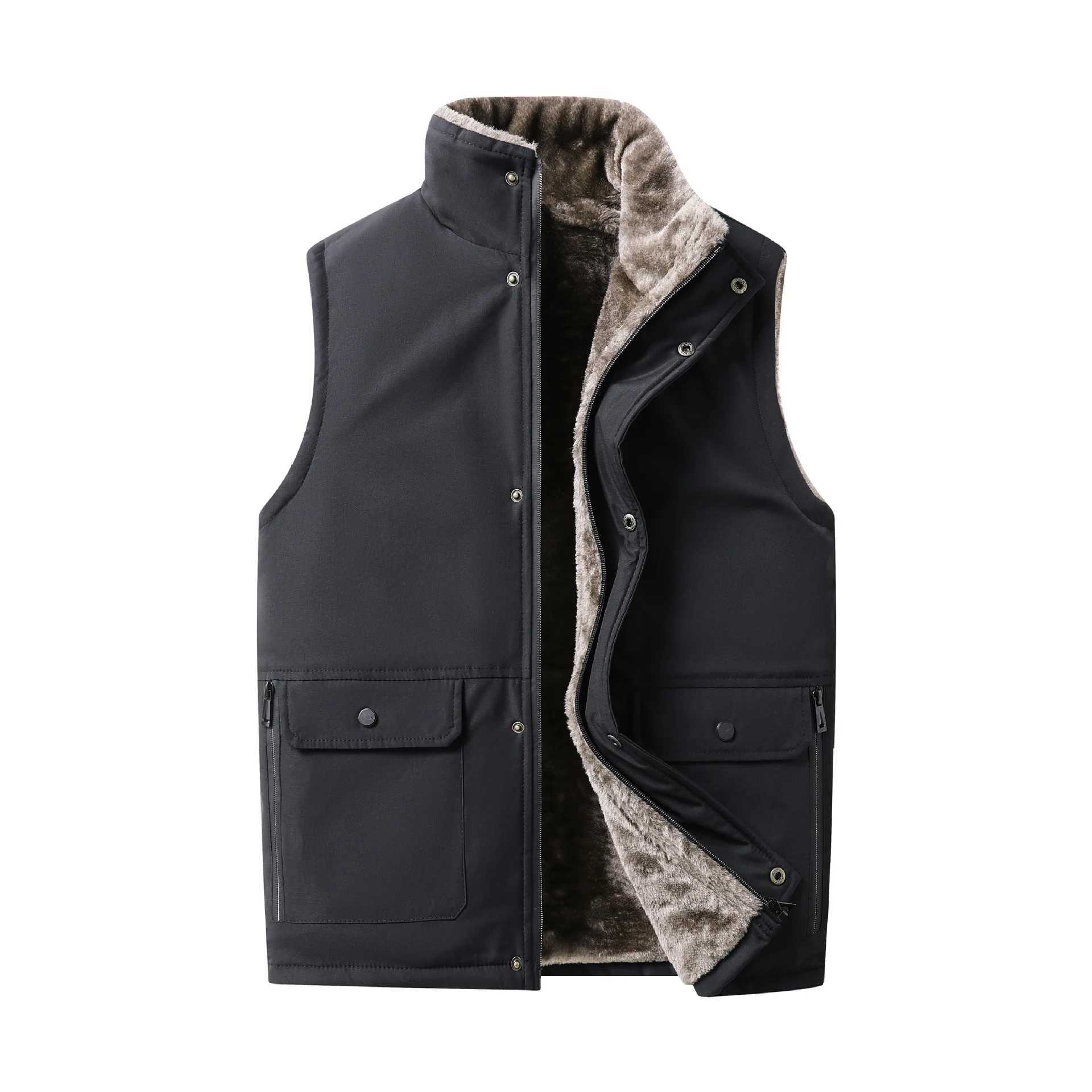 2025 Autumn Winter Men Plush Vest V-neck Sleeveless Fleece Male Coat Solid Color Single-breasted Comfortable Man WaistcoatG251218