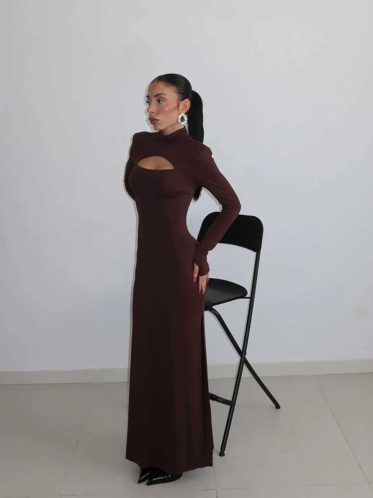 Huhugirl Sexy Sheath Womens Maxi Dresses Solid Turtleneck Regular Long Sleeves Hollow Out Slim Fit Bodycon Party Vestidos Robes M260311