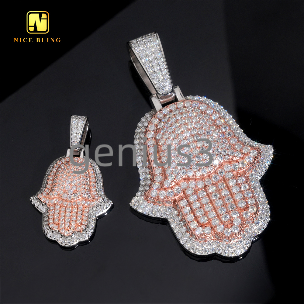 Iced Out Hip Hop Rapper Jewelry Pendant Custom Diamond Two Tone White Rose Gold 925 Silver VVS Moissanite Hamsa Pendant Necklace