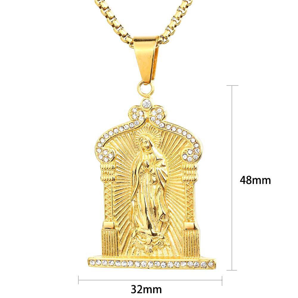 14K gold original designer-made religious jewelry of the Virgin Mary; moissanite 14K gold pendant