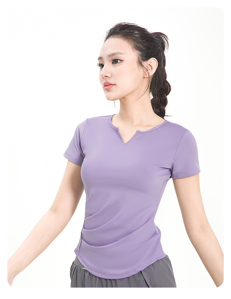 Women's V-Neck Short-Sleeve Ruched Gym T-Shirt - Buttery Soft, Slim-Fit, Quick-Drying & Versatile Athletic Top for Running & Yoga