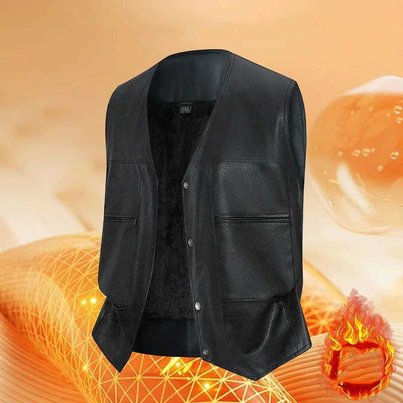 2025 Men Leather Vest Autumn Winter Simple Solid Color Round Neck Male Waistcoat Single-breasted Sleeveless Man Plush CoatG251218