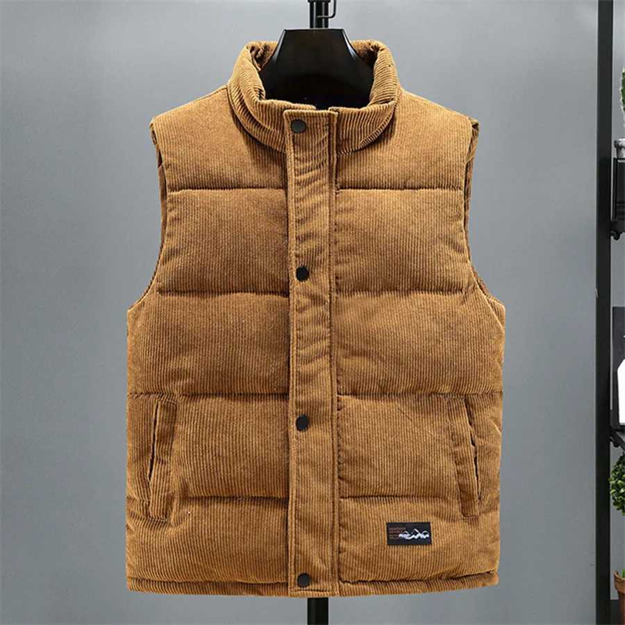 2025 New Vest Jacket Mens Autumn Winter Warm Coat Stand Collar Padded Waistcoat Corduroy Work Wear Male Clothes M-5XLG251218