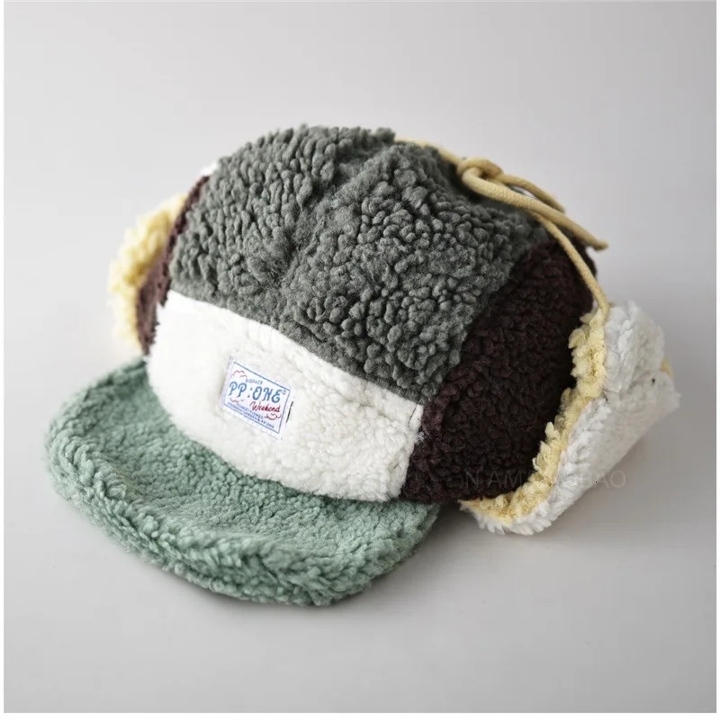 Cute Big Eye Lamb Wool Color Blocked Baseball Caps For Men Wome Mtze Fr Winter Furry Hats With Ears Protection 251217