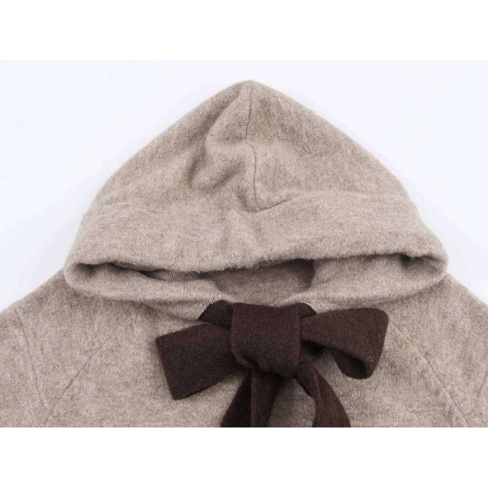 2025 Winter New Women's Casual Fashionable Simple Long-Sleeved Hooded Knitted Cardigan With Bow Decoration