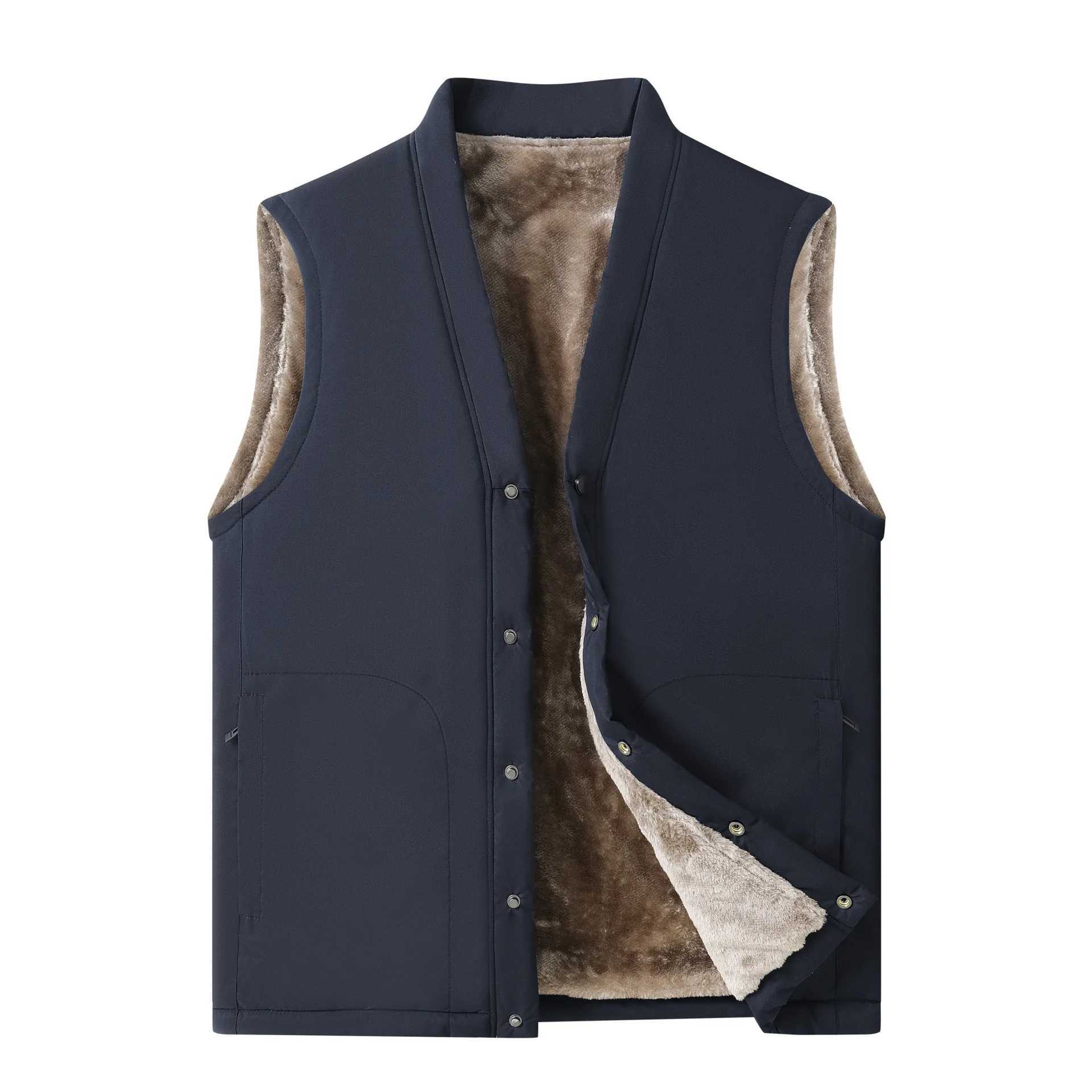 2025 Autumn Winter Men Plush Vest V-neck Sleeveless Fleece Male Coat Solid Color Single-breasted Comfortable Man WaistcoatG251218
