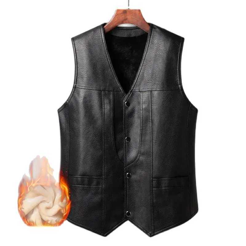 2024 Winter Men Thick Warm Fleece Leather Vest Coat Male V-Neck Single Breasted Vest Casual Male Clothing OuterwearG251218