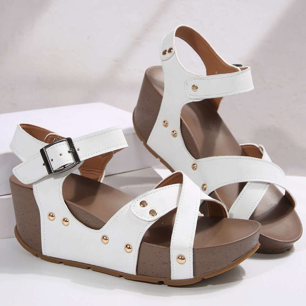 designer shoes Summer New European and American Style Platform Thick-Soled Wedge for Women with Velcro Large Size Studded Flat Peep-Toe Sandals