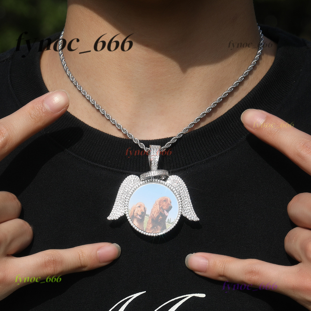 Personalized Angel Wing Pendant Jewelry for Photos - Hip Hop Design with Sparkly 5A CZ Stones