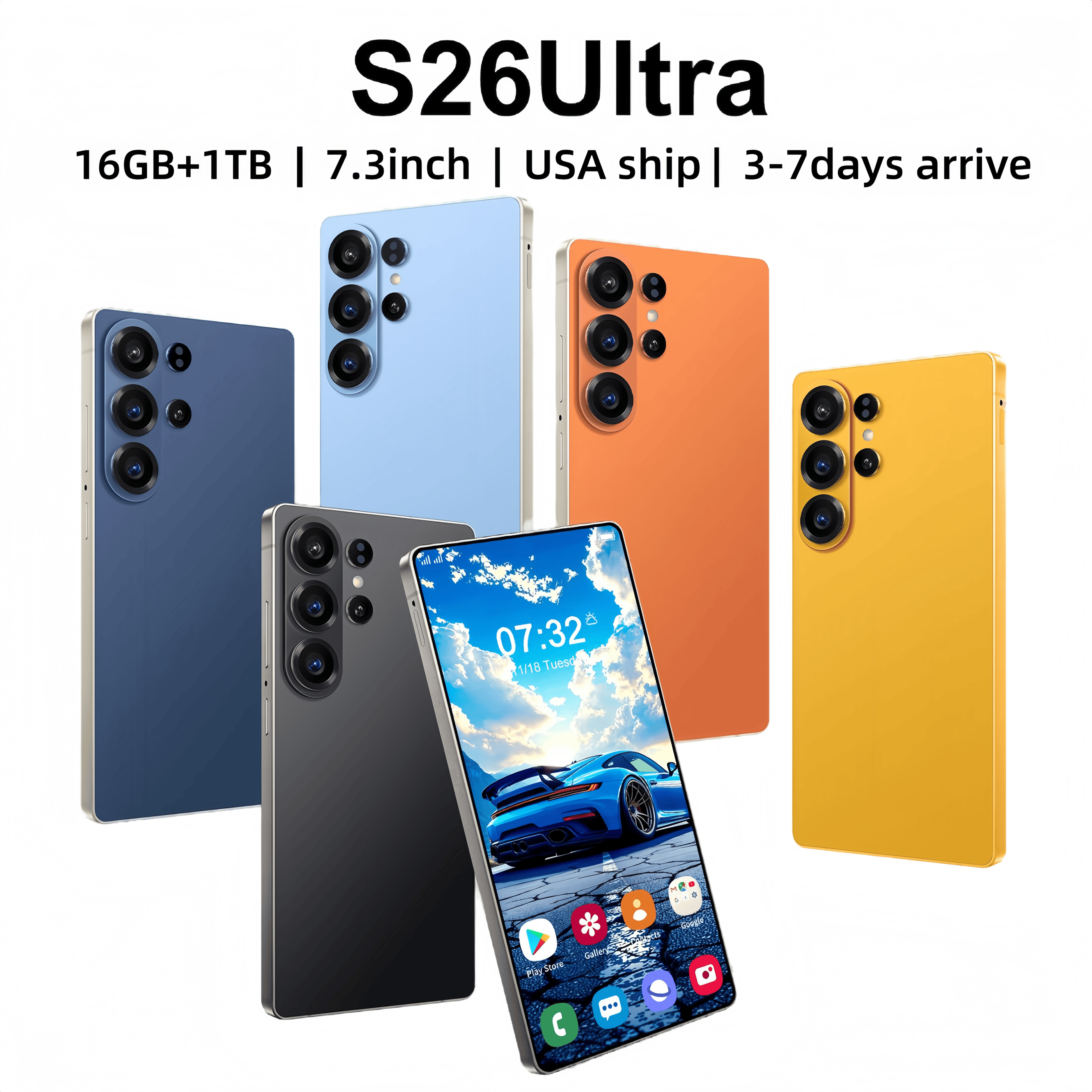 S26 Ultra phone 7.3Inch cell phone 16GB+1TB 5G Smartphone Octa Core Punch-hole Full touch screen Face ID Unlocked phone Camera GPS HD Display Cell Phones Local Warehouse
