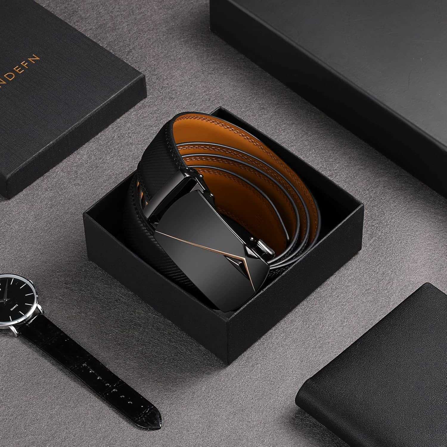 Belt for Men Automatic Ratchet Buckle Slide Dress Casual Belts 1 3/8 Wide Adjustable Trim to FitBlack-20 M251218