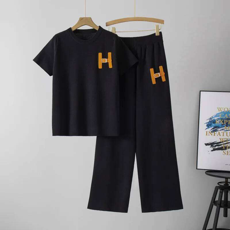 Lazy Fashion Suit Summer New Style Women's Short Sleeved Casual Sports Wide Leg Long Pants Two-Piece Set Trendy Pant Sets