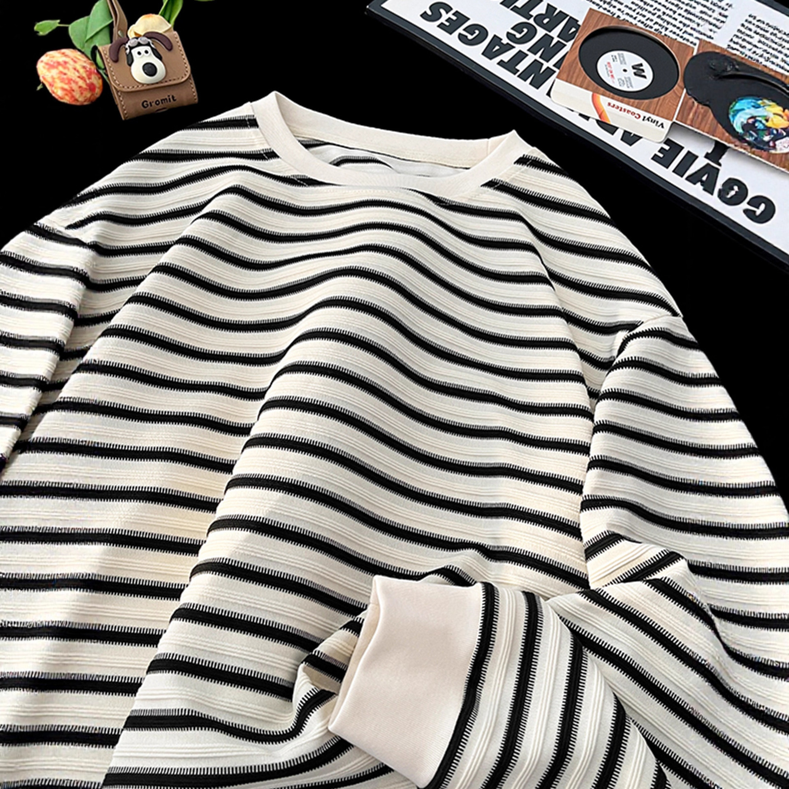 Casual Men Long Sleeved T Shirts Mens Round Neck T Shirt Spring Autumn Male Loose Striped Tees Shirt Tops 201116