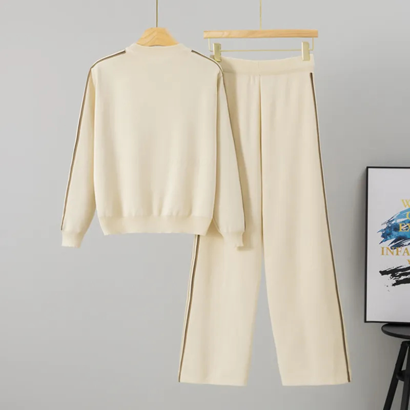 Women Knitted Cardigan Set Casual Suit Long-sleeved Stand-collar Cardigan Striped Autumn Gym Tracksuit Set