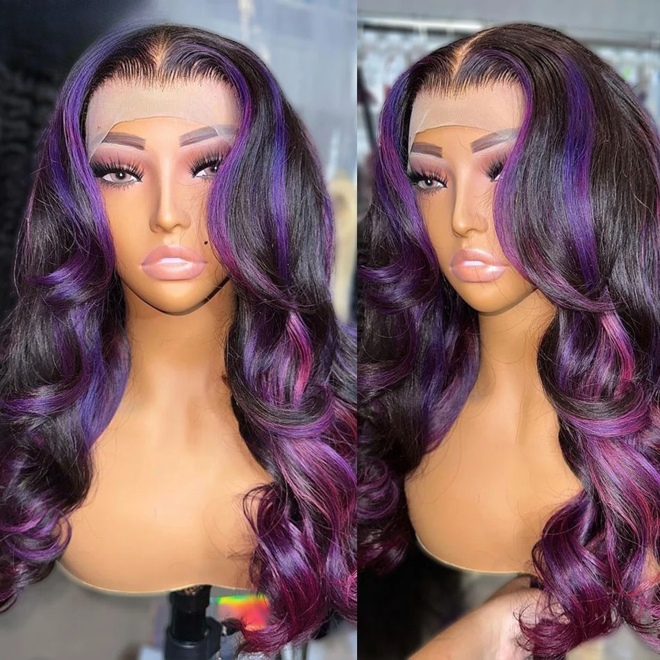 Black Highlight Ombre Purple Wig Brazilian Remy Body Wave Human Hair Wig 13x4 HD Lace Frontal Wig 13x6 Lace Front Wig PrePlucked Glueless Ready To Wear For Women
