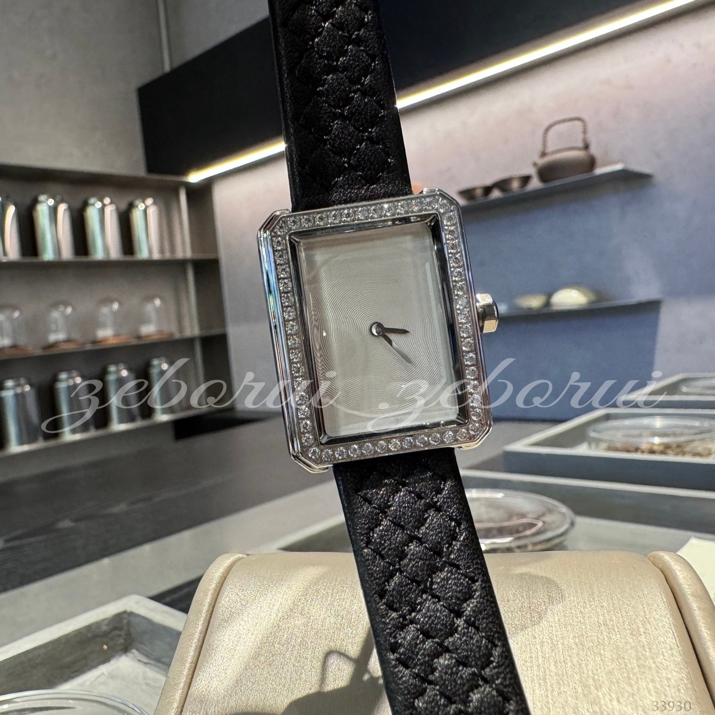 (Order by pic in opt, not by desc) Women's Square Case Quartz Watch - Silver-Tone Crystal-Accented Wristwatch with Black Tweed & Leather Band