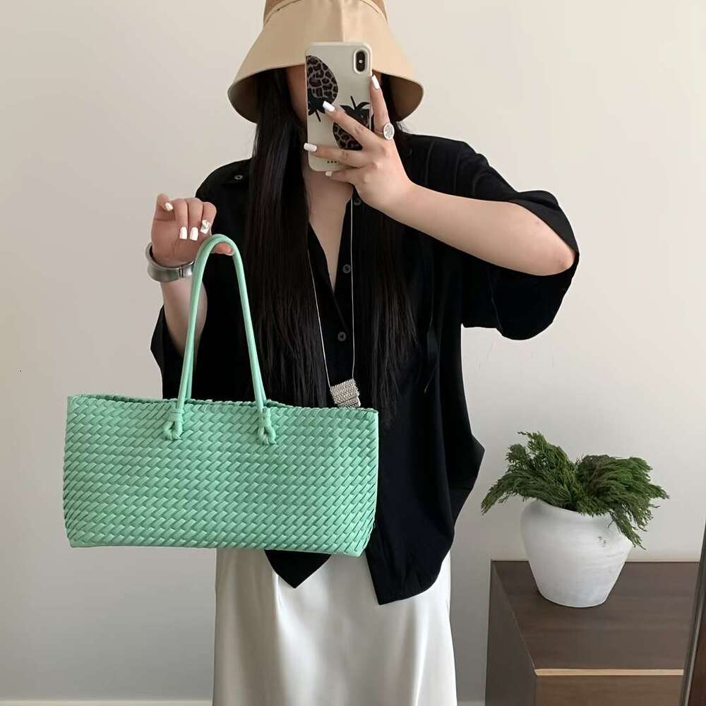 Women S Large Tote Bag Double Sided Wicker Like Handbag With Woven Front Layer Like Texture Drawstring Closure Wrist Strap Multi Color Turquoise Mint