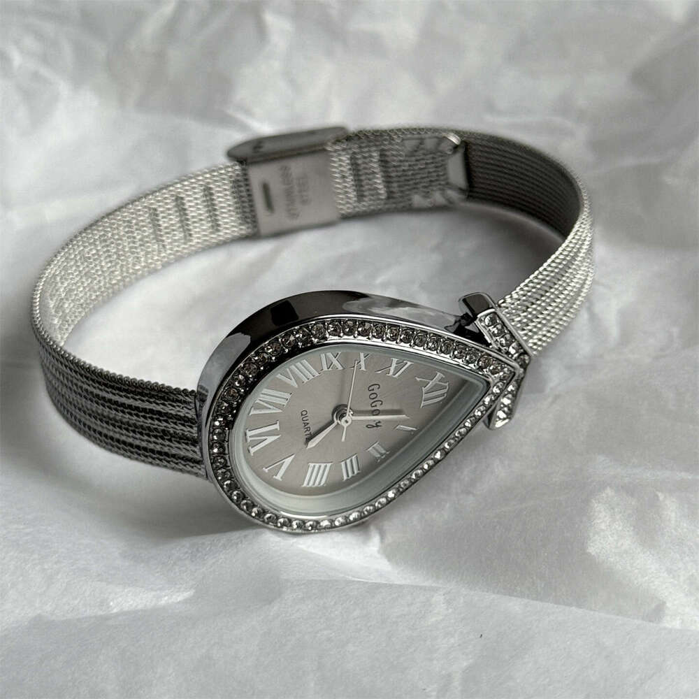 watch Niche Vintage Gold Plated Diamond Studded Fashion Light Luxury Women's Quartz Watch Roman Numerals Water Drop Shape Wristwatch