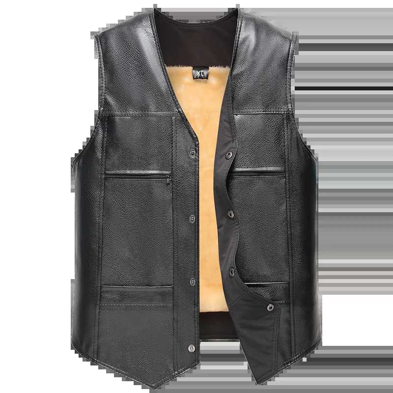 2025 Winter Men Thick Warm Fleece Leather Vest Coat Male V-Neck Single Breasted Vest Casual Male Clothing OuterwearG251218