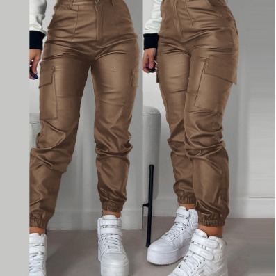 2024 Spring Summer Womens Fashion Motorcycle Zipper Ruched Pocket Sexy PU Casual Patch Pocket Slim Fit Long Pants 240910